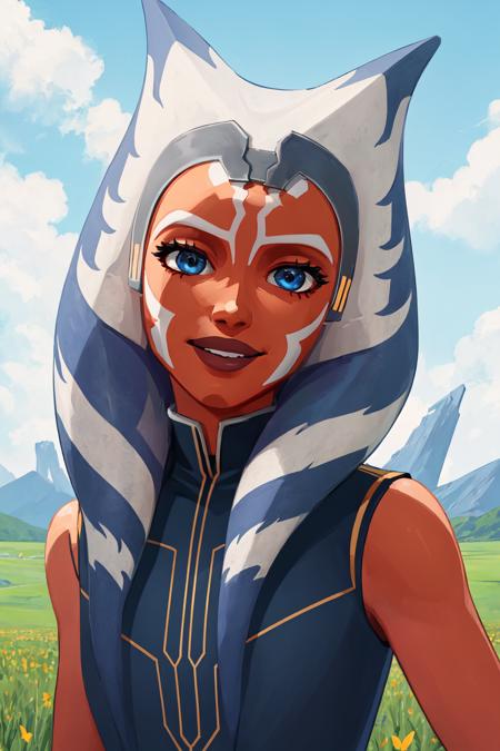 (masterpiece, best quality), outdoors, field, day, detailed face, 1girl, solo, AhsokaS7, AhsokaS7Outfit, colored skin, <lora:AhsokaS7_V1-Manityro-dadapt:1>, looking at viewer, smile, head tilt, blue shirt, sleeveless,