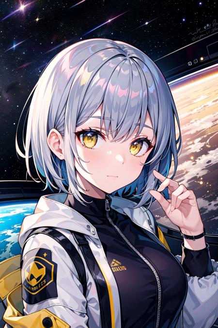 masterpiece, best quality, short hair, dark grey hair, yellow eyes, medium hair, medium breasts, close-up, indoors, space, science fiction, hand up, jacket, shirt,