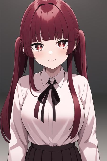 ((masterpiece, best quality)),1girl,standing,smile,large breasts,bangs, yaeka sakuragi,(pony tail), ((20 years old girl,adult)),collared_shirt,  long_hair, long_sleeves, looking_at_viewer,  pleated_skirt, ,neck_ribbon, red_hair,white shirt,pov,<lora:yaekamix:0.8>