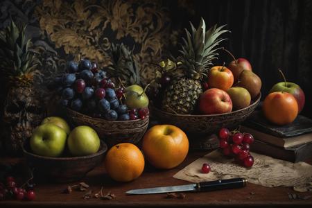 eerie demonic scene, (eerie demonic fruits  in the center of the image:1.2) arranged in a detailed still life scene on a desk, deadly noir, detailed,painterly,epic,magical, sharp focus, wide angle lens, landscape