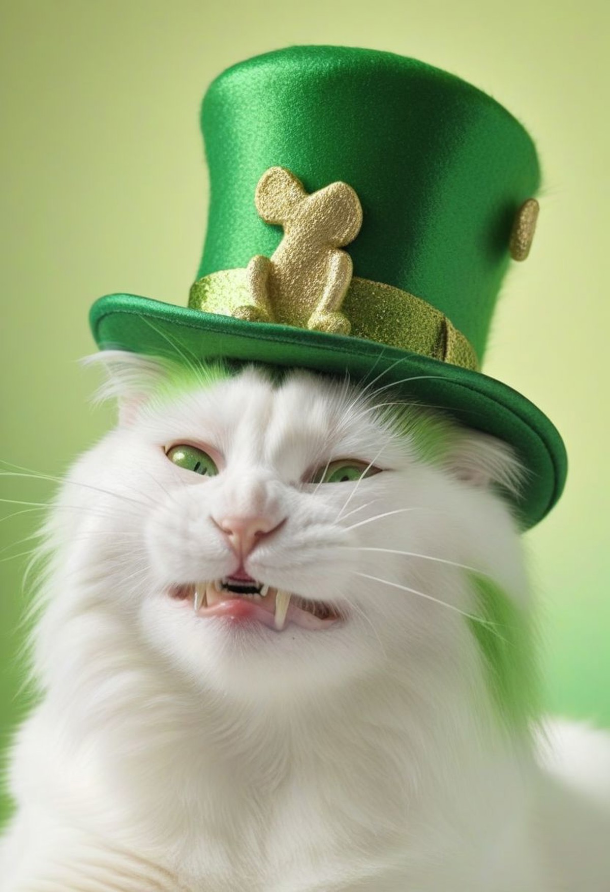 A strikingly majestic St. Patrick's Day cat wearing a leprechaun hat and a fake green beard, its fur exhibiting a stunning...