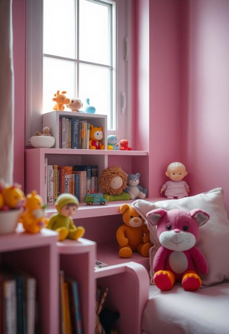 pink children bedroom, toys on the bookshelf, a window intricate detail, winning, sharp focus, original, flux-style