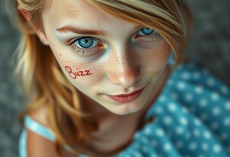 The image is a close-up, high-angle portrait of a young woman with striking blue eyes. She is looking directly up at the camera, creating a strong connection with the viewer. Her facial features are soft, and she has a natural, almost ethereal beauty with a face full of freckles that add to her youthful and fresh appearance.
There is tattos on each cheeks: "BUZZ".
Her blonde hair is styled with a side-swept fringe that partially covers her forehead, and the rest of her hair appears to be tied back or away from her face. She is wearing a light blue dress with white polka dots, which can be seen in the lower part of the image, indicating a summery, casual outfit. The focus on her eyes and face gives the image an intimate and engaging quality, with the high resolution capturing every detail of her skin and expression. The background is softly blurred, emphasizing her face as the central point of the image. The overall feel of the image is delicate, natural, and photorealistic, capturing the subject's innocence and charm.