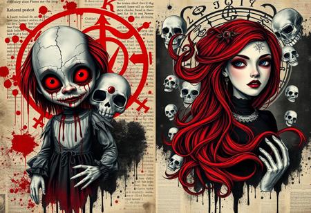 Create a 4-part gothic horror collage with the following characters:
1.    A creepy doll with large red eyes dripping blood, standing against a background of chaotic text and blood splatters. Her cracked, pale face has spiderweb scars and occult markings, with red hair and a blood-stained Victorian dress. The scene is unsettling and gritty.
2.    An occult oracle girl with a third eye on her forehead, surrounded by a glowing arcane sigil. She wears a black dress with red and white symbols, her pale skin contrasting the red sigils behind her. Skulls and cryptic text float around, creating a scene of mystical divination.
3,    A haunted doll queen with a porcelain mask streaked with blood, her flowing red hair intertwined with floating skulls. She has dark hollow eyes in a surreal background of gothic designs, skulls, and Halloween elements, all in black, red, and white.
4.    A vampire sorceress with pale skin, bold red eyeshadow, and blood-red lips. Her dark hair, adorned with red roses and occult symbols, forms an elaborate headdress. Behind her, arcane symbols and a glowing sigil create a scene of dark elegance and mystical power.