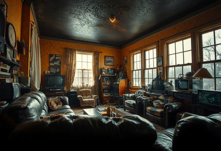(NOSTALGIC, VINTAGE, RETRO THEMED DECOR), (Photo Shot on Phase One XT Camera System, low exposure, high contrast, ISO 50, with a 28mm wide-angle lens). 
(Dynamic Variable Angle Shot), [Layered Foreground], Moody Atmosphere with (Vibrant Lighting) and (Contrasting Shadows), (cluttered detailed simplistic living area), (Moon-Light), [Full-Length Windows], (weathered leather furniture), hoarder's paradise of vintage technology, (richly painted bright walls), [[embossed dark ceiling]], (Creative Light Source).