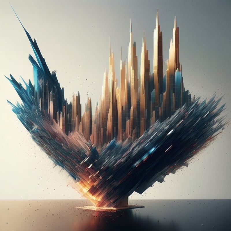 a 3D rendering of a city shattering, abstract art, Synesthesia