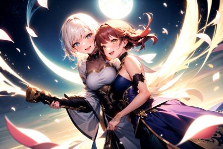 ((2girls)), friends, colorful, cinematic lighting, cowboy shot, light colored hair, solo, smiling, intricate skirt, ((flying petal)), flowery meadow, moonlight, moon, night, cinematic lighting, fantasy background, dynamic angle,