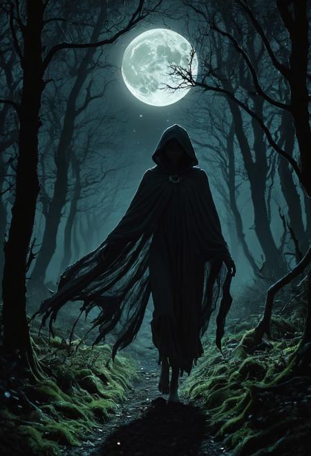 A solitary moonlit wanderer, her silhouette cast long and thin by the soft glow of the waxing crescent moon that hovers low in the night sky. She is draped in a flowing cloak that whispers around her ankles as she treads lightly over the mossy forest floor, her eyes reflecting the ethereal light that filters through the skeletal branches of the ancient, twisted trees. These trees, sentinels of the night, stretch their gnarled limbs in a dance of shadow and moonbeams, their twisted forms creating an eerie maze of darkness and light that seems almost alive with secrets. The sky above is a canvas of infinite depth, studded with a dense array of stars that twinkle like distant jewels, their light dimmed by the soft lunar glow. A faint mist clings to the ground, giving the scene an otherworldly atmosphere, and the air is still but for the occasional sigh of the wind, carrying with it the scent of damp earth and the whispers of unseen creatures. The wanderer's destination is unclear, but her determined stride and the way she clutches a tattered map to her chest suggests she is on a quest of great importance. Her silhouette contrasts sharply with the pale path ahead, leading the viewer's gaze into the depths of the mystical woods, inviting them to wonder what lies beyond the next bend in the path, or what ancient whispers the trees may share with those who dare to listen.