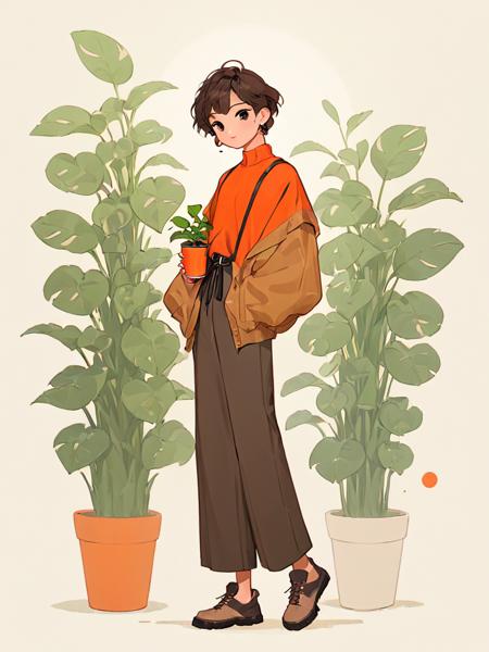 <lora:jijian_xl:1>ï¼ (\ji jian\), 1boy, hoop earrings, jewelry, earrings, cup, holding, plant, full body, brown hair, short hair