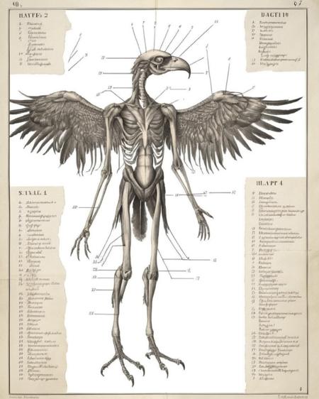 A nightmarish dissection diagram of a harpy:2.0, showcasing its feathered wings:0.7 extending from its humanoid shoulders:0.6, and taloned feet:0.7, depicted in the unsettling style of The Resurrectionist:1.0, capturing its avian-humanoid hybrid:0.8 in unsettling detail:0.7.<lora:The_Resurrectionist:1.0>