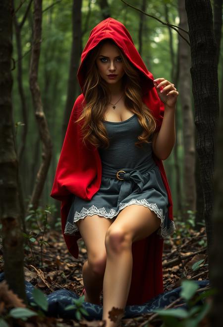 Little Red Riding Hood, in the forest, mystical, long sexy legs, seductive look