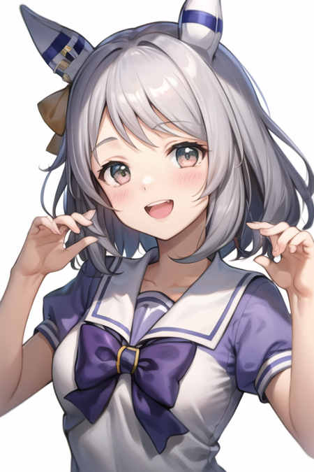 <lora:HishiMiracle-08:0.6>,hishi miracle, 1girl, solo, blush, smile, open mouth, simple background, shirt, white background, bow, animal ears, school uniform, upper body, short sleeves, :d, grey hair, teeth, puffy sleeves, bowtie, medium hair, sailor collar, puffy short sleeves, hands up, upper teeth only, horse ears, purple bow, cropped torso, purple shirt, notice lines, tracen school uniform, ear covers