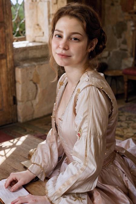 esmebianco,a woman wearing renaissance dress in dubrovnik castle, (soft diffused lighting:0.5)  <lora:esmebianco:0.9>