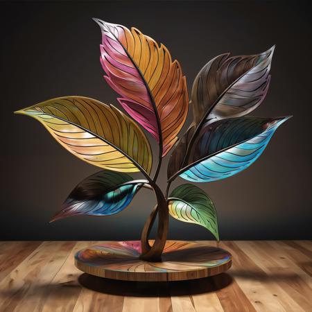 large multi colour (leaf) sculpture on table, in the style of sketchfab, color gradients, collecting and modes of display, metallic rotation, craftcore, (wood:1.45), spiral group, (background is darkness:1.3)