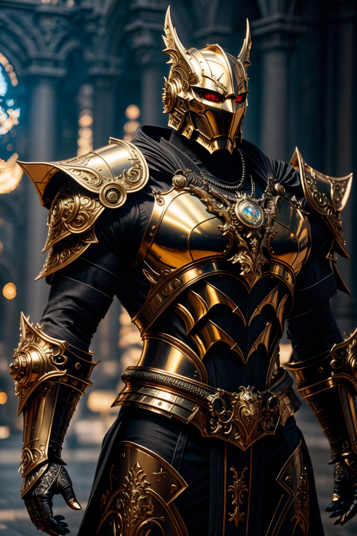 A golden armor suit with a sword on the right arm.