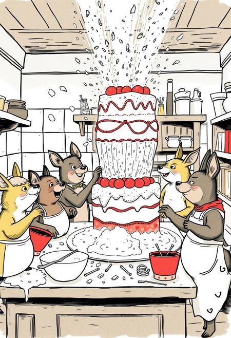A group of animals baking a giant cake in a kitchen, flour flying everywhere as they giggle and mix ingredients, graphic illustration, vintage storybook aesthetic, bold linework, expressive character gestures, limited color palette, mid-century visual style, 19th-century whimsy, narrative composition, urban and pastoral settings, playful tone, comic strip influence, period clothing, stylized figures, high-contrast rendering, ink and watercolor texture, dynamic movement, architectural detail, narrative illustration, light humor, classic book charm