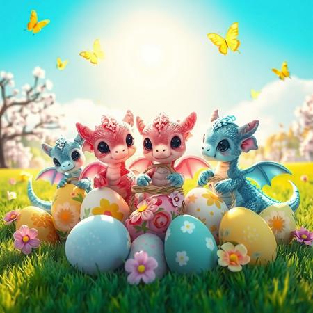Create a bright and joyful Easter-themed image with cute baby dragons instead of the traditional Easter bunnies. Baby dragons should be small, with big eyes and soft fur, in pastel colors — pink, blue, yellow and green.
They appear among bright Easter eggs decorated with patterns and flowers. The background depicts a spring landscape with blooming trees and green lawns, creating a festive atmosphere. The sun is shining in the sky, and butterflies are fluttering around.
Baby dragons can hold small baskets of eggs in their paws or hide behind them, creating a playful and cheerful atmosphere. The lighting should be soft and warm, creating light tones in the image.