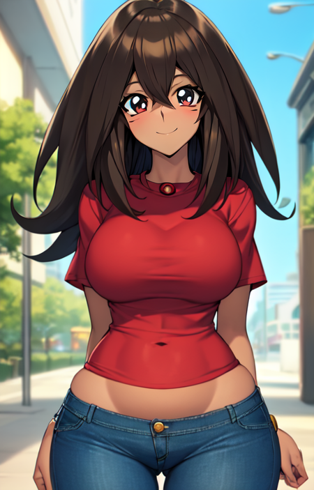 masterpiece, best quality, anime, ultra detailed, (yu-gi-oh:0.8),
mana, [1girl:(large breasts, wide hips, dark skin, medium hair, (long hair:0.8):1.5):1.0], (red shirt, short sleeves:1.2), (blue pants, denim:1.2), solo, cowboy shot, looking at viewer, outdoors, mall, (smile, closed mouth:1.1), <lora:Mana_yugioh-06:0.8:OUTALL>