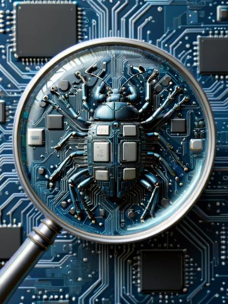 a bug made of ral-semiconductor under a magnifying glass on a ral-semiconductor surface <lora:ral-semiconductor:1>