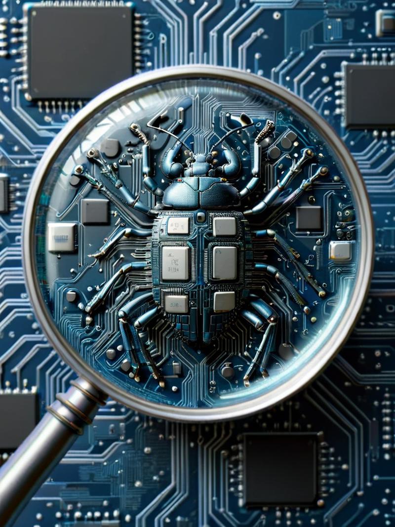 A close-up of a blue bug, possibly a cockroach, on a computer circuit board with a magnifying glass.