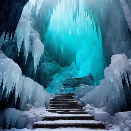 (masterpiece:1.2), (best quality,:1.2), 8k, HDR, ultra detailed, ((photorealistic)), professional light, cinematic lighting, fashion photography, ambient lighting, <lora:detail_slider_v4:2>, Ice, <lora:RealmsOfIce:1>, a stairway to a cave, frozen ice, epiCPhoto