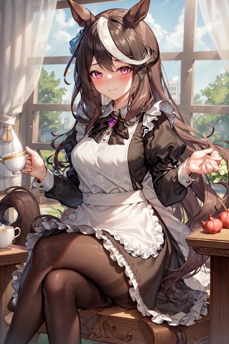 masterpiece, best quality,
symboli rudolf \(umamusume\),
holding, smile, cup, maid, long sleeves, holding cup, breasts, window, sitting, curtains, apron, frills, blush, jewelry, dress, alternate costume, medium breasts, indoors, puffy sleeves, closed mouth, teacup, pantyhose, crossed legs
<lora:sybmoli_rudolf_locon_0.99:0.6>