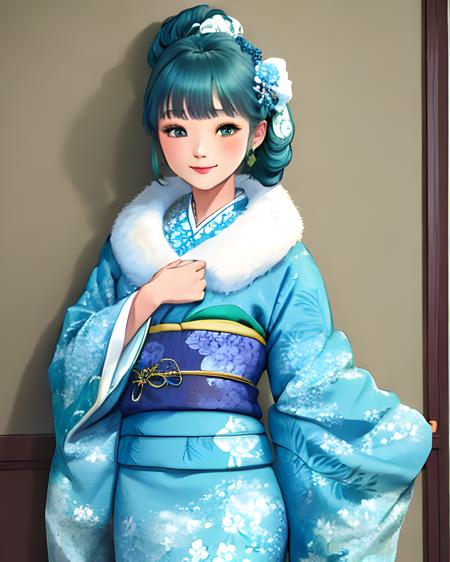 woman wearing furifur kimono, waist up, sweet smile, (blue green and white)1.1, floral hairclip, patterned clothes, extremely detailed clothing, featured on pixiv, masterpiece, highest quality, 8k