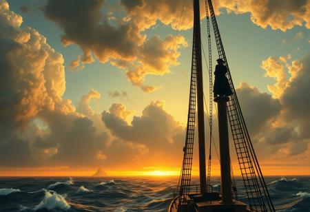 , realistic, long shot, gothic painting style
 middle of the sea,  sails, 
 a pirate man atop a ship's crow's nest looking at the distance 
 gazing over the vast ocean, spotting a island in the distance clouds, sunset,  turbulent waves, adventure, cinematic lighting, 
By Caspar David Friedrich