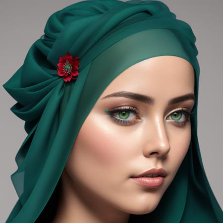 center of view for a beautiful Energetic  female in a blue  and green outfit with a veil on her head and a green and red veil on her head and bird, Anthony Devas, a highly detailed digital painting, a detailed painting, photorealism