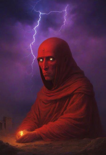 digital artwork by Beksinski, vibrant colors, red theme, purple theme, night, monk, glowing eyes, thunderstorm, monastery