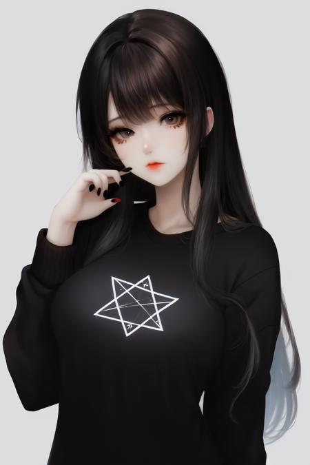 skistyle, 1girl, solo, black hair, black nails, long hair, long sleeves, bangs, upper body, nail polish, grey background, hand up, closed mouth, black eyes, pentagram, looking at viewer, black sweater, magic circle, fingernails, sweater, hands up, black shirt, hexagram, red lips