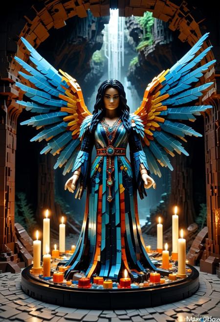 masterpiece, best quality, amazing quality, very aesthetic, realistic, fisheye lens:0.7,  (depth of field), LEGO, LEGO stalactites, 
Dark room, candles, cave walls made of crystal and translucent LEGO, scenery made of roots and LEGO, fantasy \(theme\), front view, 
Statue of winged woman, visible face,  made of LEGO, dynamic pose,
open arms, arched back, open hands, bent wings made of LEGO plumes, ((long floating robe)), (((sfw))), one foot behind,
(no people in the background),