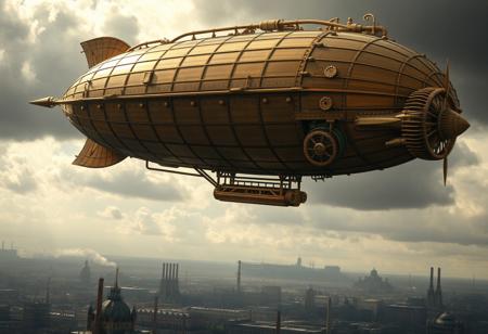 A grand steampunk zeppelin soars through the cloud-draped sky, its brass framework and polished gears gleaming under the pale sunlight. The zeppelin’s intricate, Monty Python-inspired design boasts exaggerated yet imaginative mechanical details: large riveted brass panels, exposed gearwork, and ornate propellers that hum with controlled power. Its bulbous body is supported by elegantly coiled piping, while steam hisses from exhaust valves lining its sides. As it glides through the air, its adventurous spirit is palpable, evoking the retro-futuristic style of a bygone age, blending vintage aesthetics with mechanical ingenuity. The sky around it darkens with heavy clouds, casting long shadows that add to the Lord of the Mysteries’ moody atmosphere. Below, a sprawling cityscape filled with towering chimneys and iron-clad buildings reflects the zeppelin’s vintage-industrial aura. The scene feels alive, as the zeppelin crosses the horizon, daring to venture into the unknown, its metallic structure embodying both elegance and power.