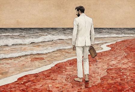 old book style ink illustration, on parchment, ink splashes, ink stains, ink smears, faded ink,(Digital Art by Peter Doig and Andrea Pisano: 1.2), A French man in a white suit, dressed in pure white clothes, walking on the beach, (lightweight suit),noon, baked by the bright sun, red sand, the magical solar aesthetics of mosaic art, unconventional supreme masterpieces, exquisite details, intelligent atmosphere, and gentle atmosphere. (Balanced central component, :0.5)