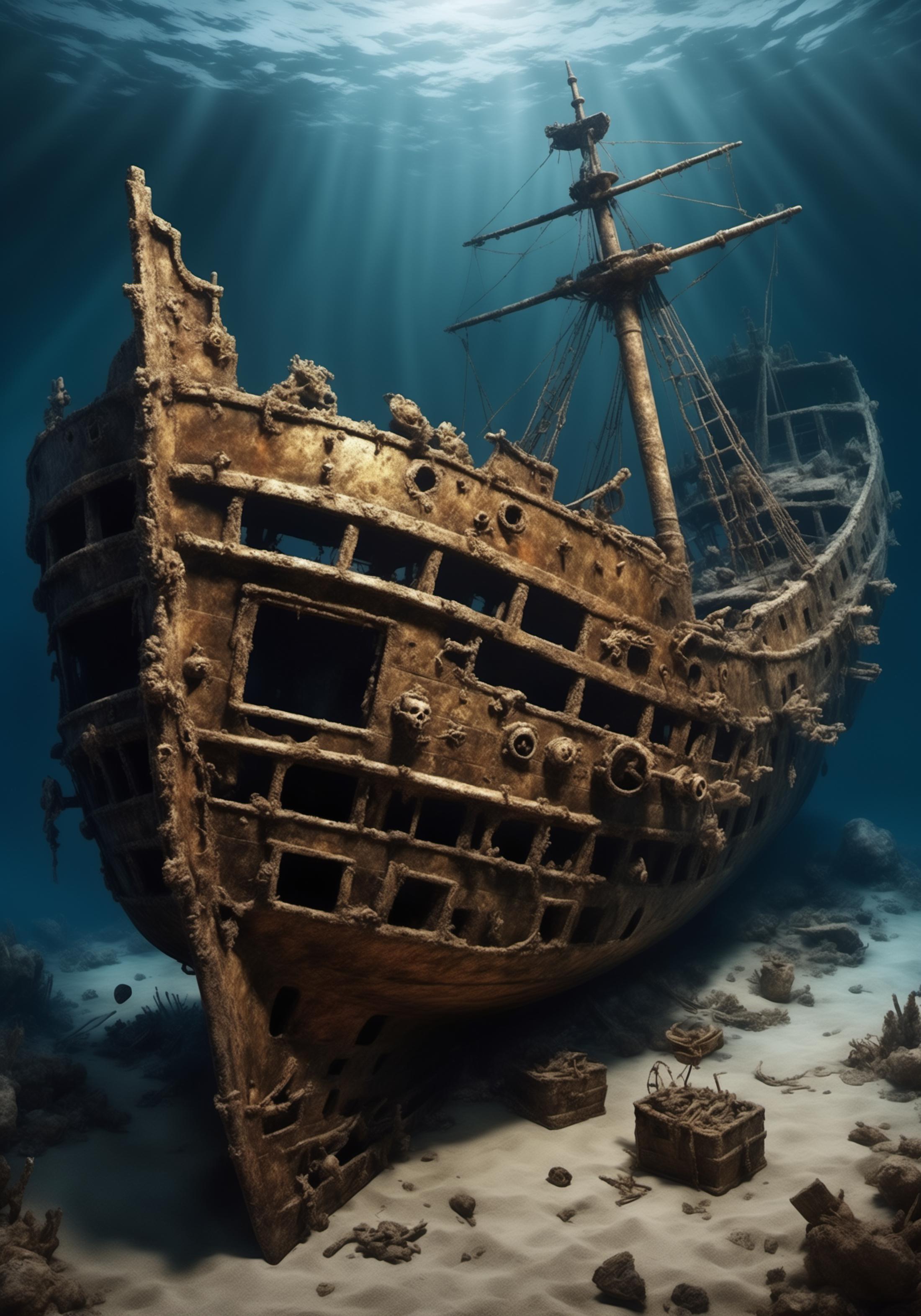 An old wooden shipwreck with a mast and sail in the ocean.