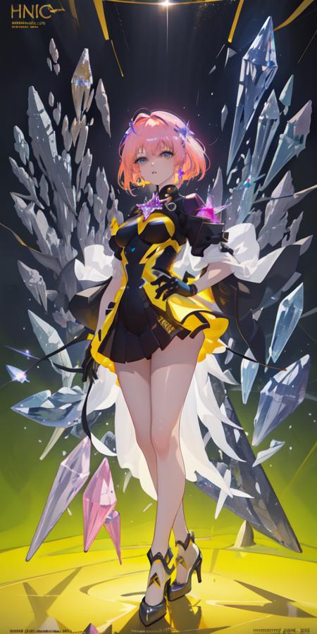 <lora:DreamArtV1.3:1>, (city, lights), comic, robot, detailed, high quality, best quality, masterpiece, yellow mechanical parts, full body, standing, looking at viewer, in the middle, crystal, pink hair, high heels, cute, near,