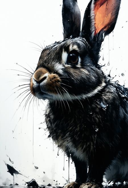 Frank Miller Sin City comic style. Extreme close-up: Bunny's head snaps upward, intense wide-eyed gaze locking onto viewer. Stark high-contrast absolute black and white, dramatic chiaroscuro casting harsh graphic shadows. Sharp focus isolates piercing dark eyes, glistening wet fur emphasized against deep shadow. Rain-slicked gritty urban twilight backdrop, softly blurred. Tense, surreal atmosphere; unexpected confrontational energy radiates from the sudden focused awareness. Wet black eyes reflect blurred city lights.