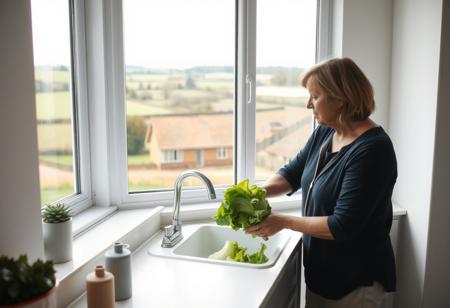 A middle aged woman washing lettuce in a sink while looking out of a window on to a rural English landscape