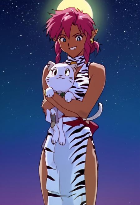 score_9, score_8_up, score_7_up, score_6_up, 1990s_(Style), 90s, Anime_Coloring, masterpiece, source_anime screenshot, duo, 1 girl, 1 boy, vivid colors, anime style, cartoon anime, source_anime, high-res, beautiful aesthetic, very intricate, high-quality details, vibrant, highly detailed, award-winning, professional, sleek and shiny, <lora:pink-ponyxl-v2:1>, single fang showing, sleeveless dress, white tiger print dress, pelvic curtain, cleavage, white cat ears, cat bell necklace, bright pink hair, tanned, white tiger tail, red sash, small breasts, leather shoes, detailed eyes, green eyes, detailed face, smile,  BREAK score_9, score_8_up, score_7_up, score_6_up, Masterpiece, source_anime, anime style, 1 girl, 1 boy, vivid colors, high-res, beautiful aesthetic, very intricate, high-quality details, vibrant, highly detailed, award-winning, professional, <lora:link:1> link1, link, pointy ears, blonde hair, blue eyes, medium hair, side locks, earrings, short ponytail, blue hylian tunic, grin
Break
In front of a giant full moon, stars in the sky, pink and link standing for photo, hugging, night time, front view, cowboy shot, whimsical, happy