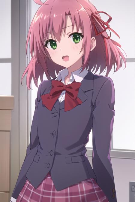 kurimusakurano, <lora:kurimu sakurano s2-lora-nochekaiser:1>,
kurimu sakurano, short hair, ribbon, (green eyes:1.3), hair ribbon, pink hair, ahoge, smile, open mouth,
BREAK skirt, school uniform, plaid, plaid skirt, shirt, white shirt, collared shirt, jacket, long sleeves,
BREAK indoors, classroom,
BREAK looking at viewer, (cowboy shot:1.5),
BREAK <lyco:GoodHands-beta2:1>, (masterpiece:1.2), best quality, high resolution, unity 8k wallpaper, (illustration:0.8), (beautiful detailed eyes:1.6), extremely detailed face, perfect lighting, extremely detailed CG, (perfect hands, perfect anatomy),