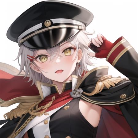 (masterpiece, best quality:1.2),illustration,8k,hd,1girl,solo,cowboy shot,kinu (azur lane),bangs,belt,black cape,black footwear,black headwear,black jacket,black thighhighs,black shorts,cape,fingerless gloves,gloves,hair between eyes,hair ornament,hat,jacket,medium hair,military hat,military uniform,multicolored cape,multicolored clothes,red cape,red gloves,rudder footwear,shorts,shoulder armor,sode,yellow eyes,<lora:Kinu(azur)>,