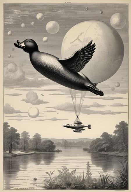 rubber duck bath toy flying in clear sky, B&W (etching:2)  (highly detailed:2) OverallDetail  (1890's science fiction) (jules verne)
