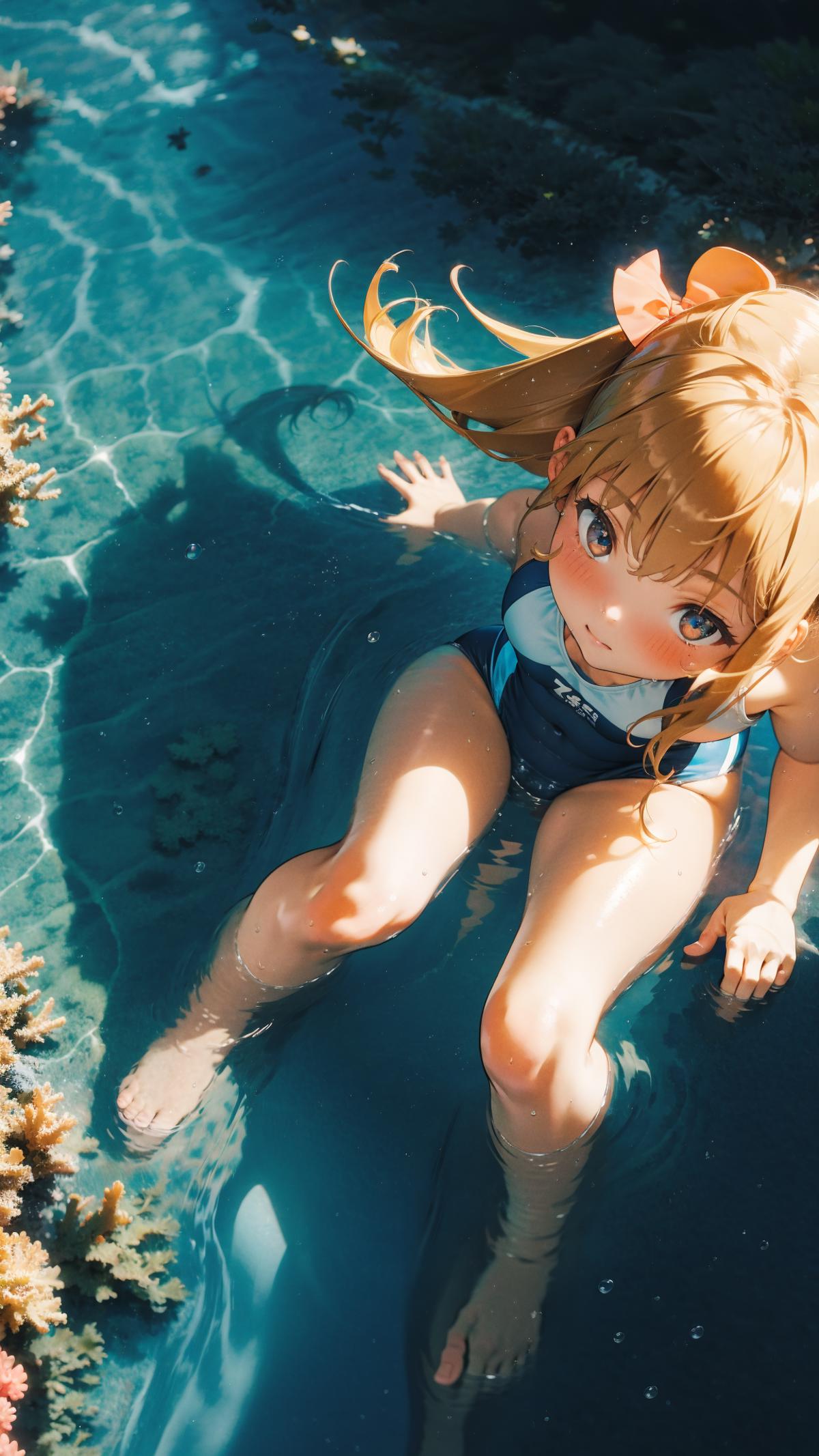 A young girl in a blue swimsuit squatting in a swimming pool.