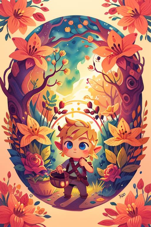 A cartoon elf holding a basket in a colorful forest.
