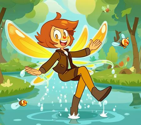 cartoon of a woman dressed in a brown coat, long pants and reddish hair, skipping on the water in nature, range yellow ethereal, full body with dynamic pose, with the form of a dragonfly, yellow-orange, buggy, full body backlight, jester, yellow orange, emoji, young female, Amber, nose gem, single, big wings in flight, bee vibes, kind of goofy looking, fun, honey, cute, carefree , chibi,  fairy, splashing <lora:gem2asd-000050:1>