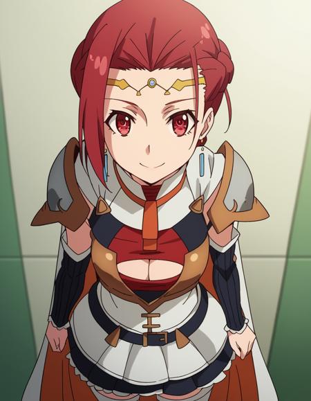 pina co lada, short hair, red eyes, red hair, braid, single braid, braided ponytail, medium breasts, skirt, thighhighs, cleavage, jewelry, earrings, detached sleeves, cape, armor, cleavage cutout, circlet,