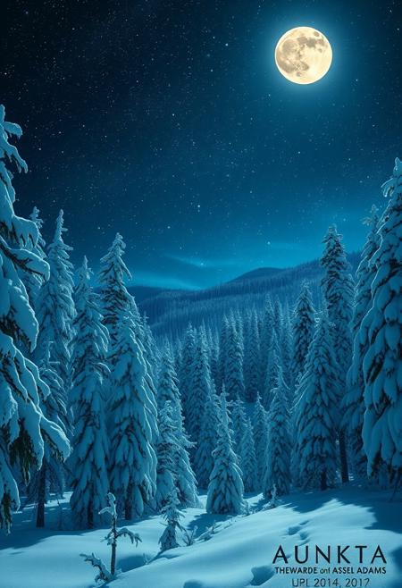 Majestic taiga covered with snow at night, bright stars twinkling in the sky, full moon illuminating the landscape, hyper-detailed, cinematic, serene atmosphere, stunning realism, by Thomas Kinkade and Ansel Adams, 4k resolution, masterpiece digital painting