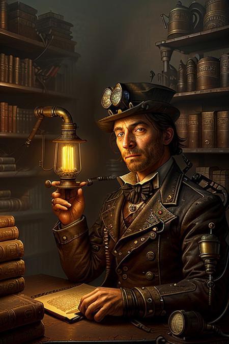 score_9, score_8_up, score_7_up Portrait of a young handsome male steampunk detective sitting at a cluttered desk, focusing on his intense expression. He has a serious look, and wears a dark Victorian coat. The lighting is warm from a single flickering oil lamp on the desk, casting shadows across his face. The background is blurred, with only hints of gears and bookshelves. The scene is richly detailed in sepia tones, creating a mysterious, close-up, waist-up composition
