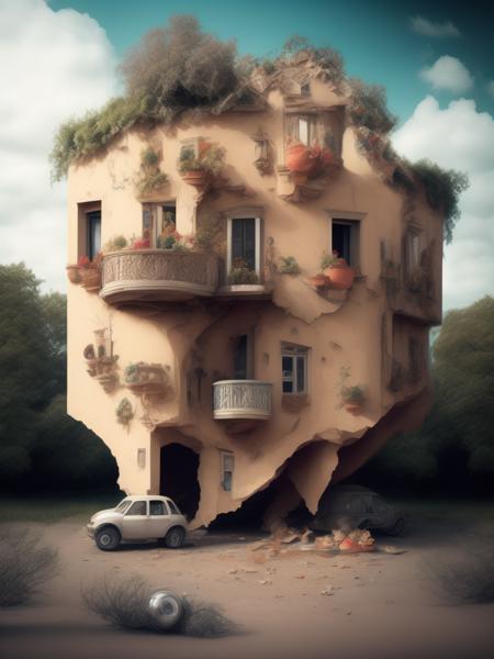 <lora:ErikJohansson:1>Spanish house, beautiful photography, broken gravity, floating household objects