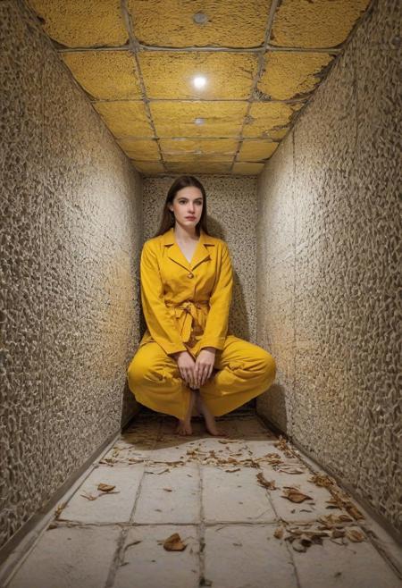 [award winning photograph], surrealism,  ((a small, cube space with walls covered in thick, yellow padding sewn into square patterns, each padded square is 40cm², and the seams are reinforced to prevent tearing, the padding extends to the floor, which is also padded in the same way,  the ceiling is similarly padded, with a single, recessed light fixture in the center, covered with a cage)), ((door to the small cube space, is heavy and solid, with a small, reinforced glass window at eye level, covered by a metal grid) , ((in the center of the room sits a cyberneticperson, she is dressed in a plain, white, one-piece garment, and restrained by a straightjacket), (she is seated with her knees drawn up to their chest,
<<BREAK>>
((images of wildflowers in a burning swamp are seen as low opacity doubleexposures in her imagination)),
[ 32k photograph, uhd, ornately detailed, very detailed background]
realisticvision-negative-embedding, epiCNegative